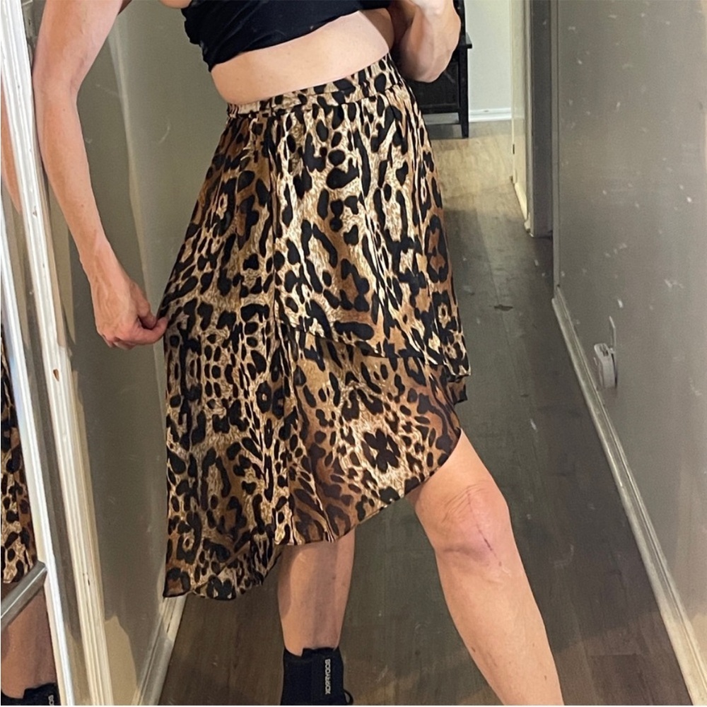 Anthropologie Brown and Black Asymmetrical Leopard Print Midi Skirt